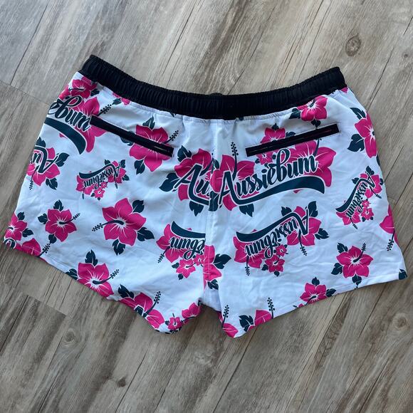 AussieBum Swim Shorts Size L Floral Hibiscus Print White Pink Black Drawstring - Picture 2 of 9